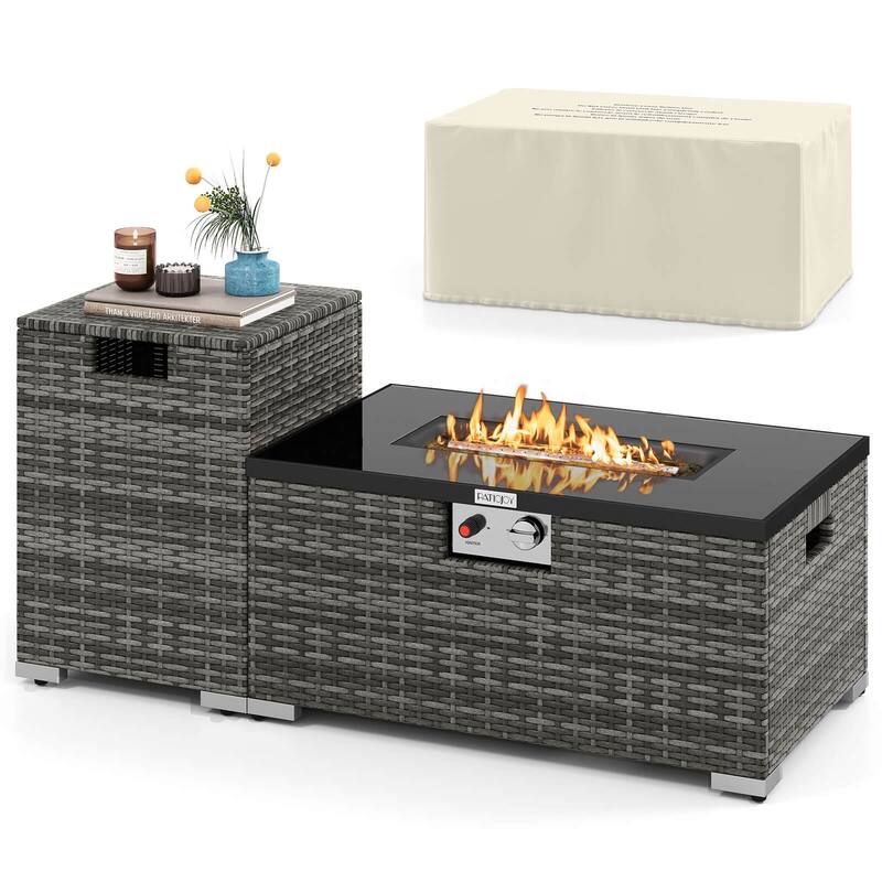 Costway 2 PCS Outdoor Rattan Fire Table Set with Tank Cover Tempered - See Details - Grey