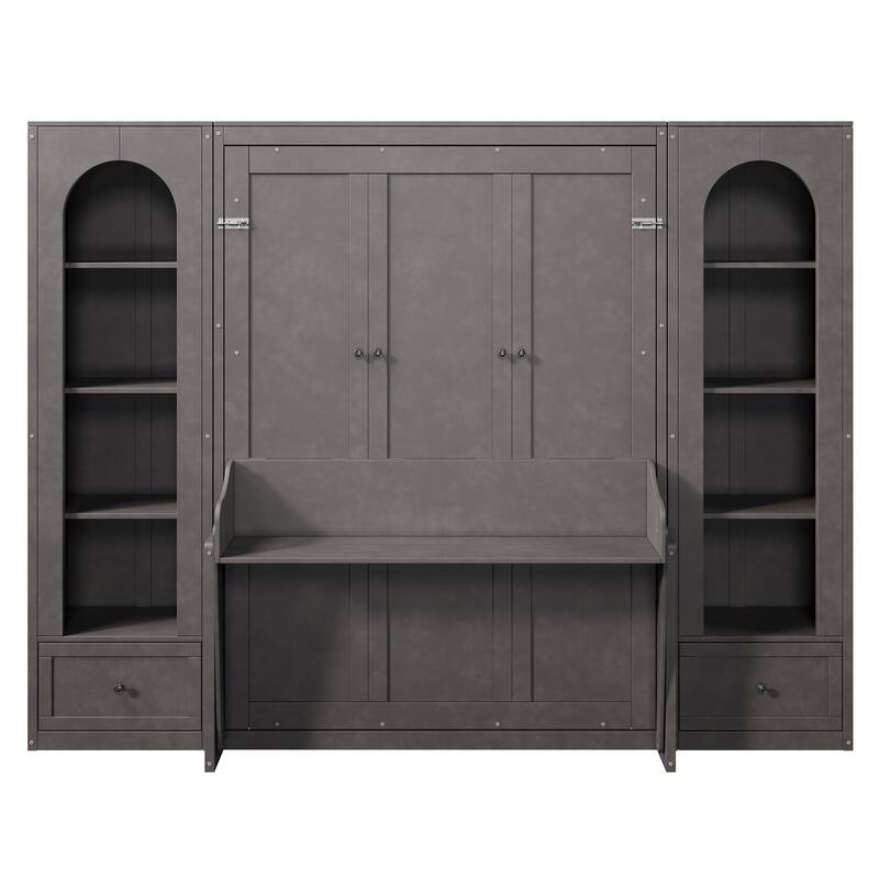 Murphy Bed Queen Size Bookcase Bed Platform Bed with Side Cabinets and 2 Drawers, Elegant French Folding Bed LED Wall Bed