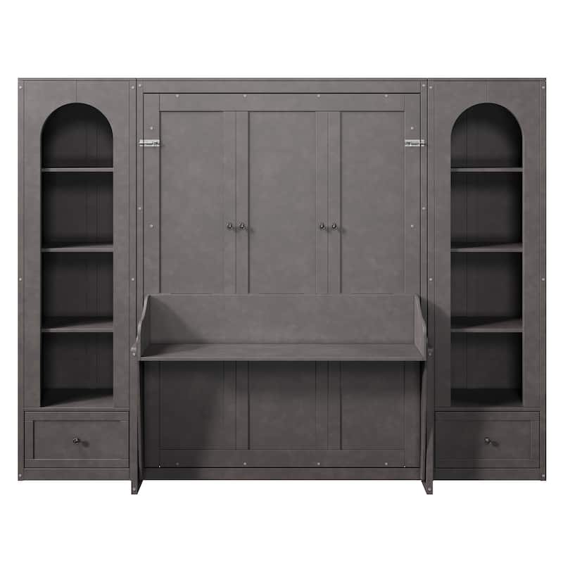 Queen Size Murphy Bed with 2 Arched Cabinets Shelf Built-in Light Strips
