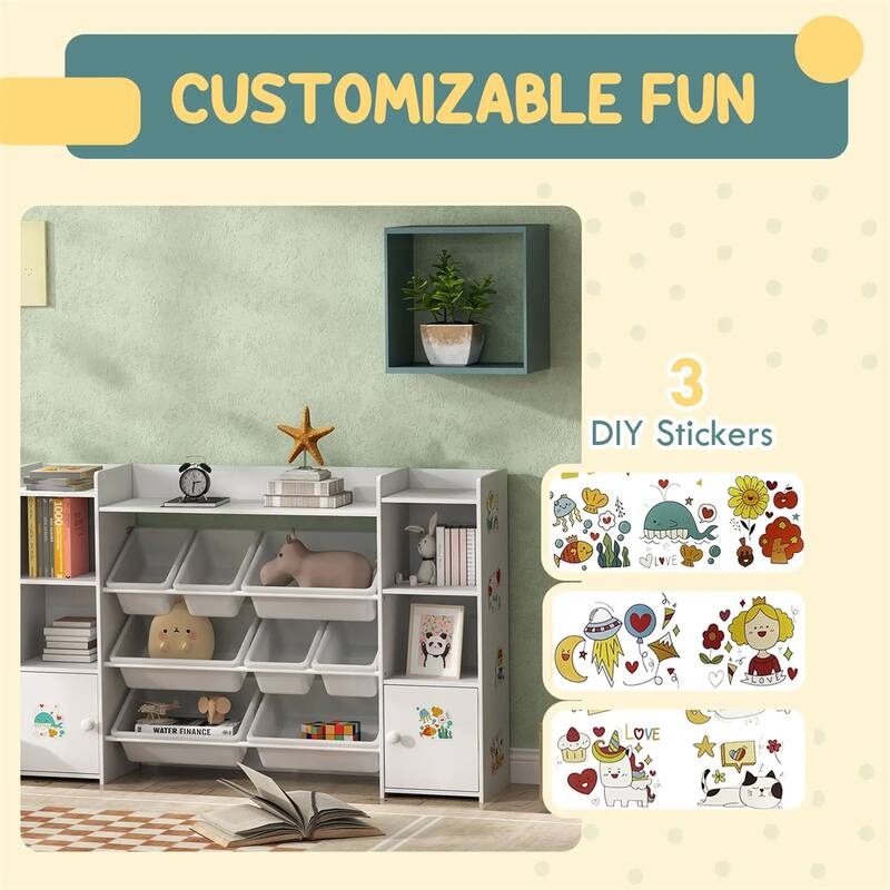 White Kids Storage Shelf with Bins, Bookcase and Cupboard for Organized Playroom - 55.1" L x 11.8" W x 35.4" H