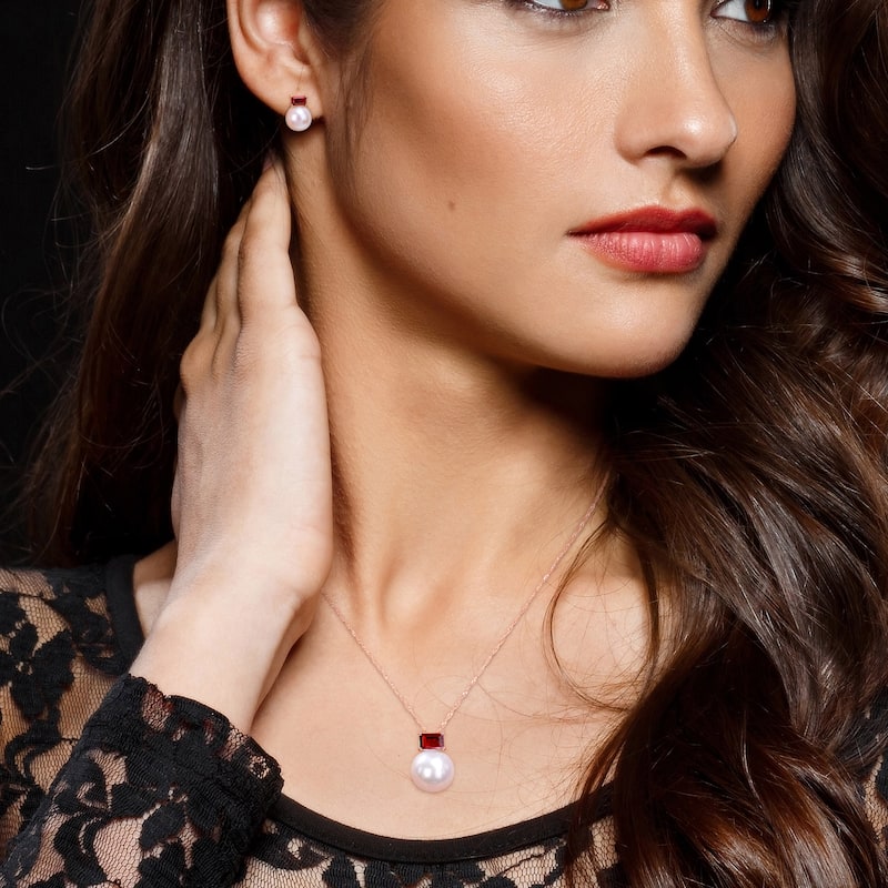 Miadora Cultured FW Pearl & Baguette-cut Garnet Earrings & Necklace Set in 10k Rose Gold (9-12mm)