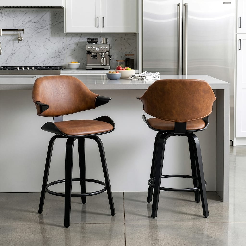 Set of 2 Bevelyn Vintage Brown Faux Leather Swivel Counter Stool