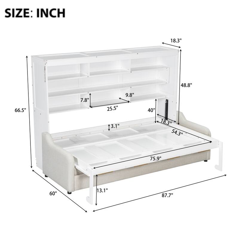 Full/Queen Size Murphy Bed with Fold-Out Sofa, LED Light, Storage Shelves, and Safety Lock - No Box Spring Needed
