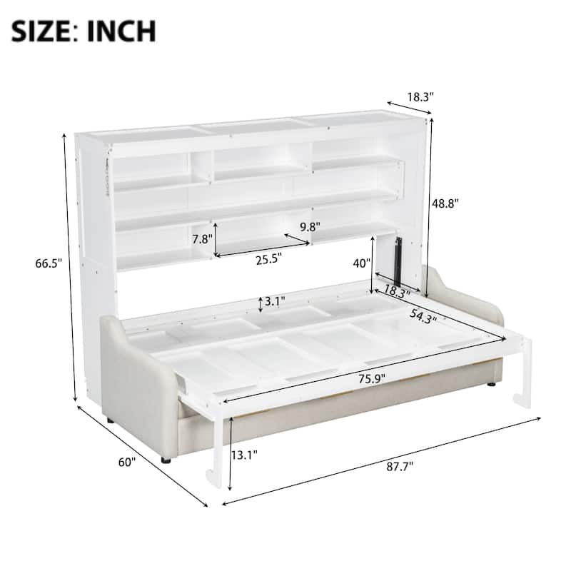 Full Size Murphy Cabinet Bed with Folding Sofa, Built-in Storage, LED Light, Beige