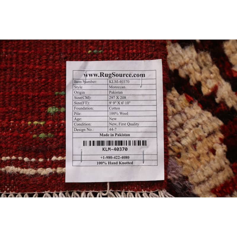 Red Geometric Moroccan Area Rug Hand-Knotted Wool Carpet - 6'10" x 9'9"
