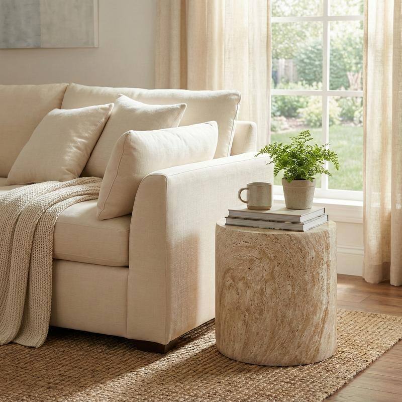 Vintara Modern Cylindrical Round Fiberstone Side Table with Brushed Finish for Living Rooms, Bedrooms, Patios, Balconies