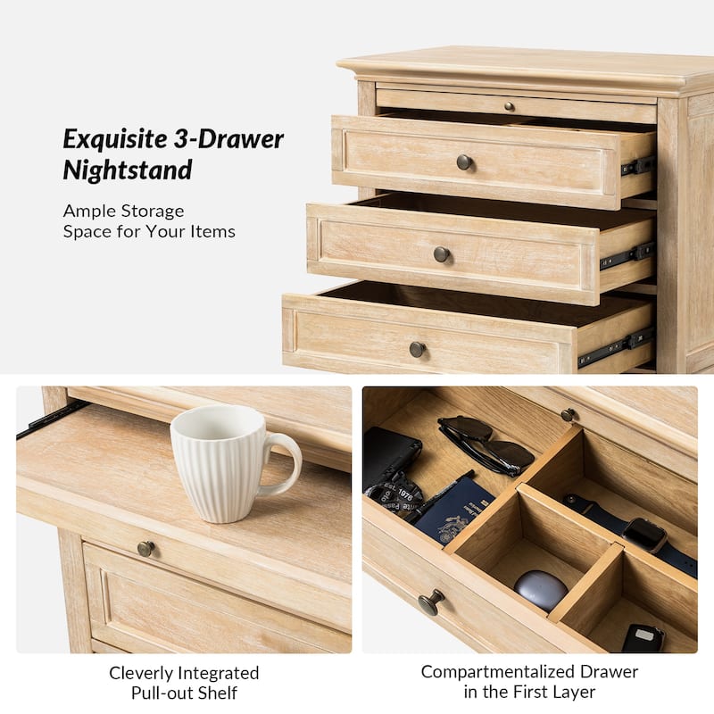 Muriel Farmhouse 3 Drawers Nightstand with Built-In Outlets by HULALA HOME