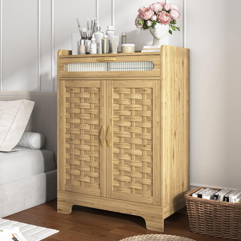 Coffee Bar Cabinet, Modern Farmhouse Buffet Sideboard with Drawer and Adjustable Shelf, Barn Door Storage Cabinet - Wood