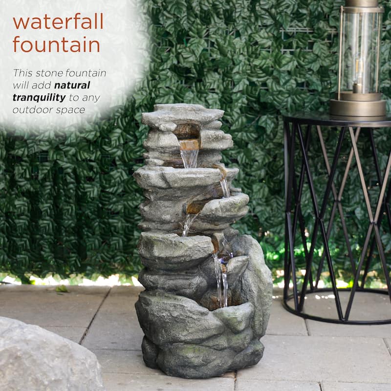 Waterfall Fountain w/ White LED, 24" Tall, Gray