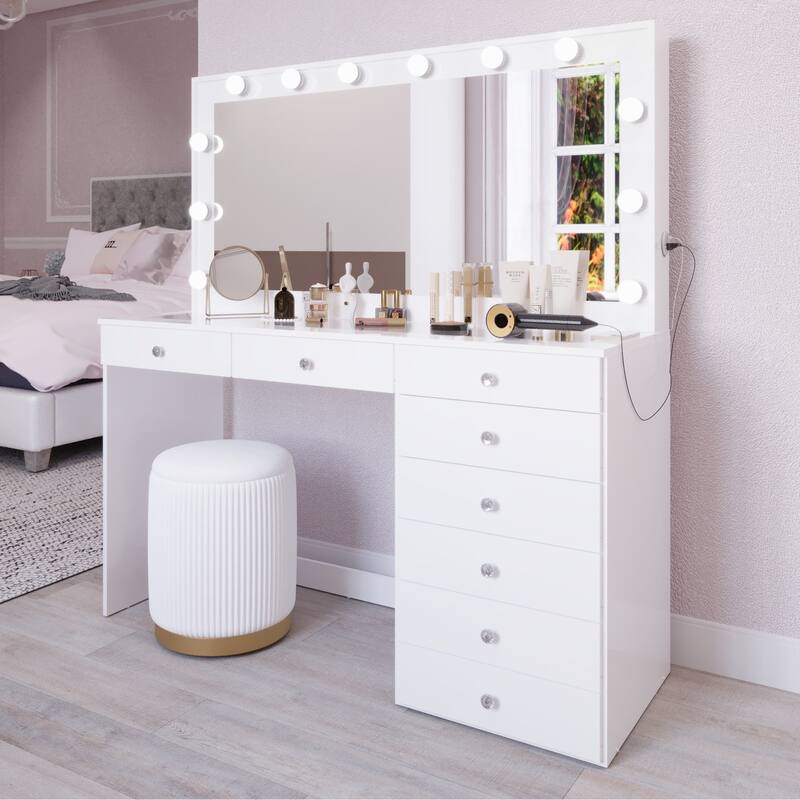 Boahaus Makeup Vanity Desk Glass Top 8 Drawers Crystal Knobs Lighted Mirror