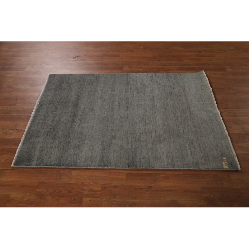 Gray Gabbeh Oriental Rug Hand-Knotted Solid Wool Carpet - 3'4" x 4'11"