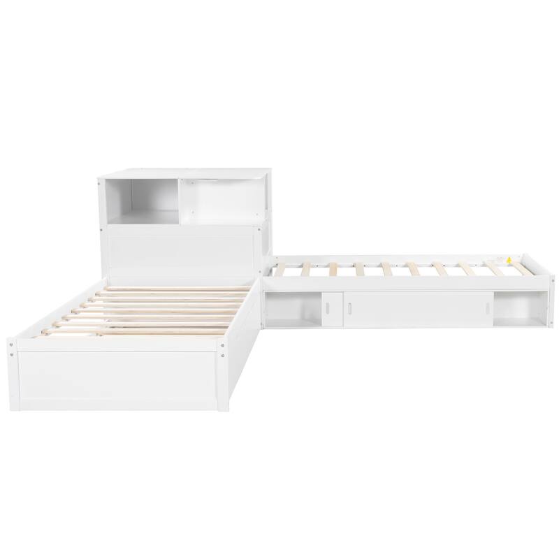 Twin Size L-shaped Bed Frame with Trundle Bed and Storage Cabinets, Desk, Lighting, Corner Platform Storage Bed Frame