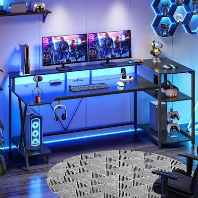 PC Gamer Desk Computer Desk Monitor Stand LED Lights Storage Shelves