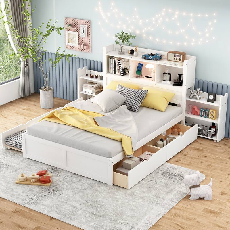 Full Size Storage Platform Bed with Pull Out Shelves, Twin Trundle, and 2 Drawers in White