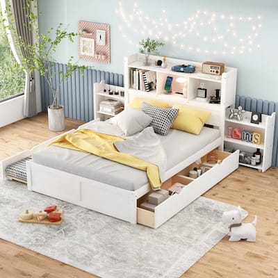 White Wood Platform Bed frame, Full Size Storage Bed with Shelves and 2 Drawers, Pull Out Trundle for Adults, Teens