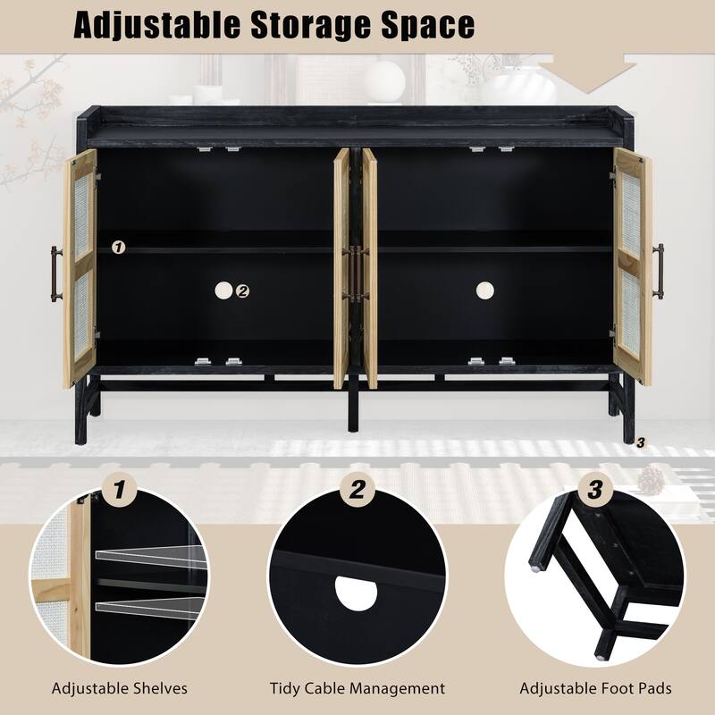 4 Doors Rattan Accent Storage Cabinet Buffet Cabinet, Solid Pine Legs