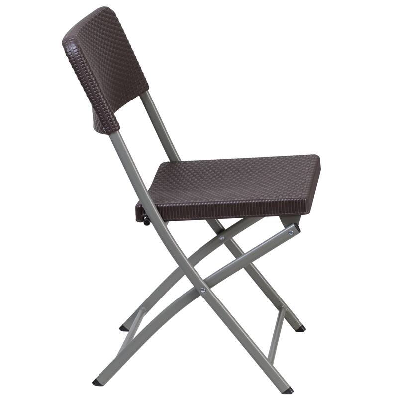 2 Pack Brown Faux Rattan Plastic Folding Chair with Gray Frame - Event Chair