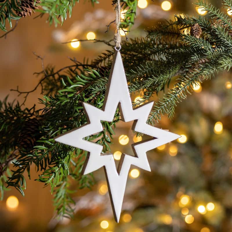 Cut-Out Wood Star Christmas Ornaments - 10" - White and Brown - 4ct