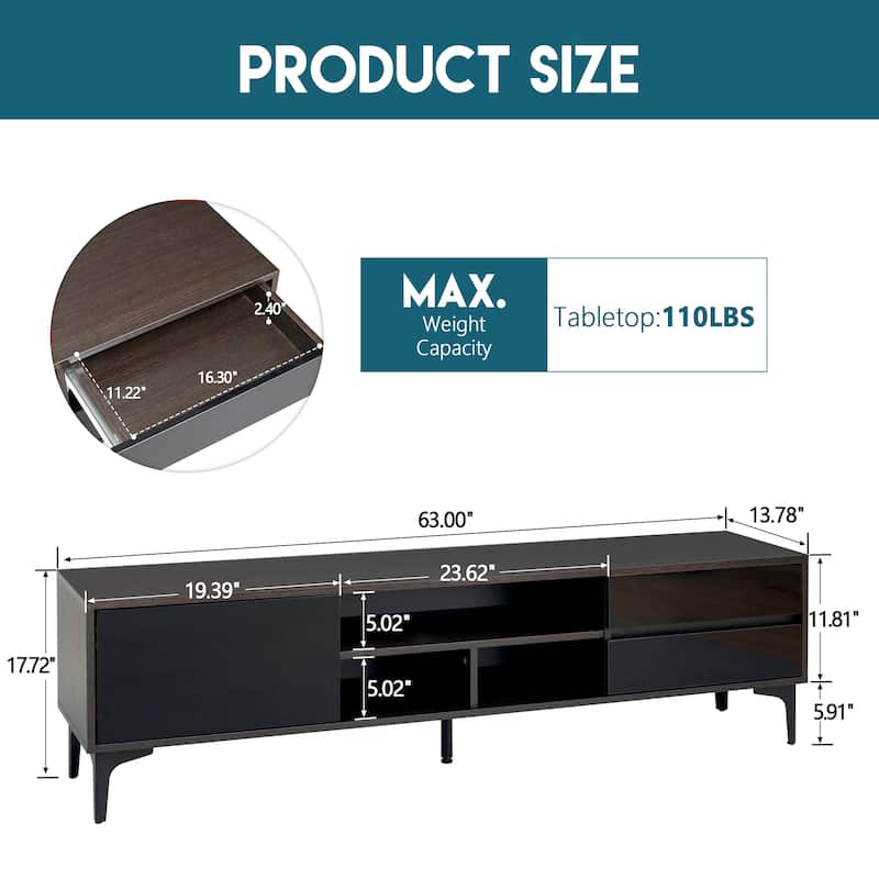 Black+Brown 62.99" TV Stand with LED Remote Control Lights and High Gloss Finish for TVs Up to 65"