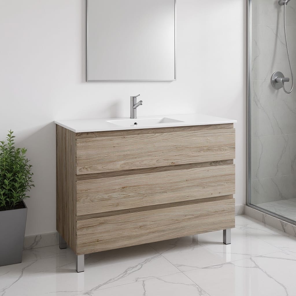 HomeRoots 48" Natural Wood Freestanding Bathroom Vanity With White Sink And Three Drawers - 48.00 in. x 39.06 in. x 17.88 in.