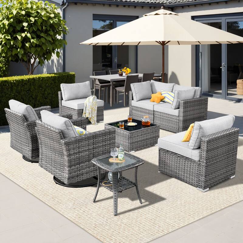 XIZZI 8-piece Patio Wicker Furniture Set with Swivel Chair - Grey