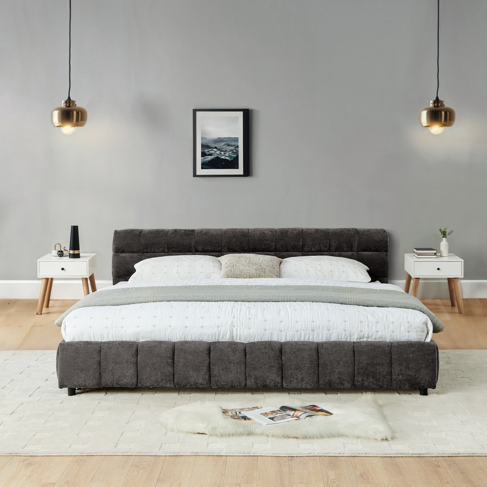 California King Size Chenille Fabric Bed Frame, Tufted Upholstered Platform Bed with 4 Storage Drawers, No Box Spring Needed
