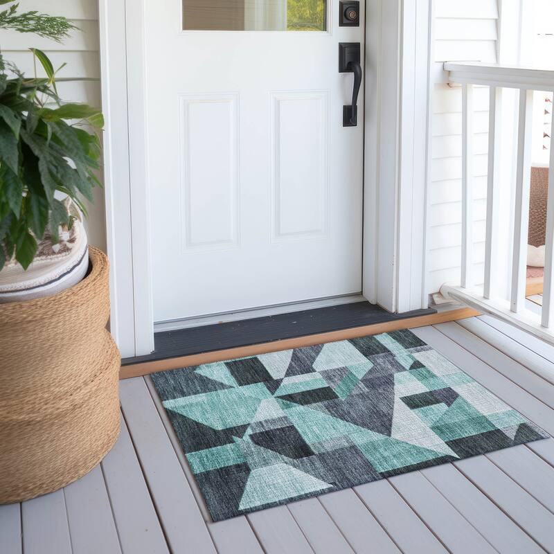 Machine Washable Indoor/ Outdoor Modern Geo Chantille Rug - Teal - 1'8" x 2'6"