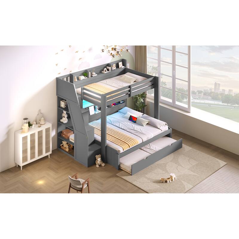 Roomfitters Twin Over Full Bunk Bed with Storage Staircase, Trundle, LED and USB