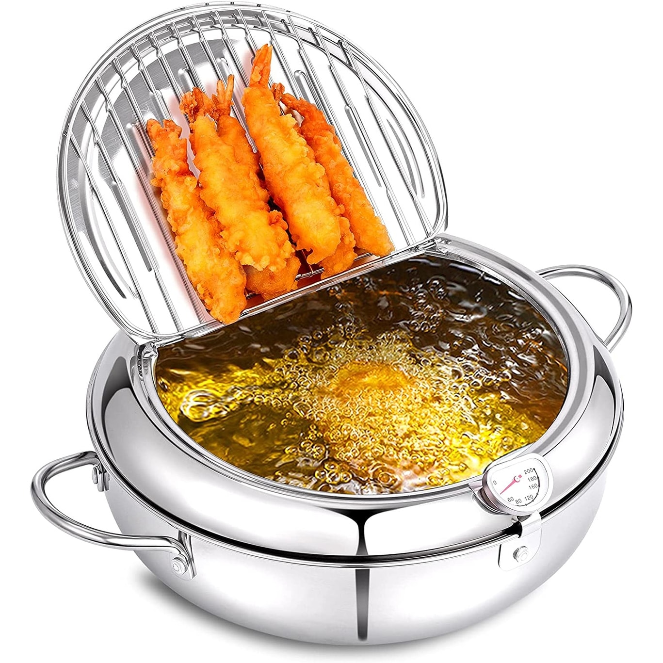 Kitchen deep frying pot with lid and thermometer non stick tempura