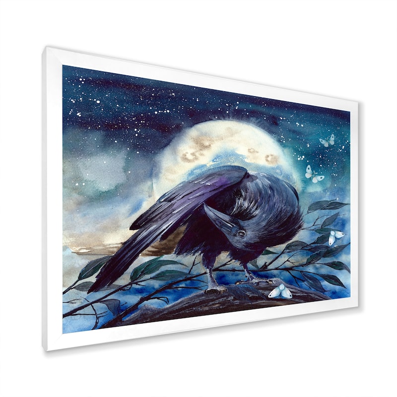 Designart "Raven On The Tree Branch With Shining Moon" Traditional Framed Art Print
