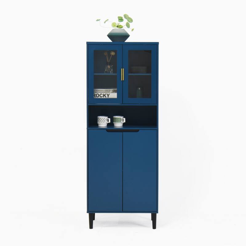 Tall Storage Show Cabinet with 2 Glass Display Door & 2 Doors, Kitchen Pantry Cabinet with Gold Handles，Cabinet Freestanding