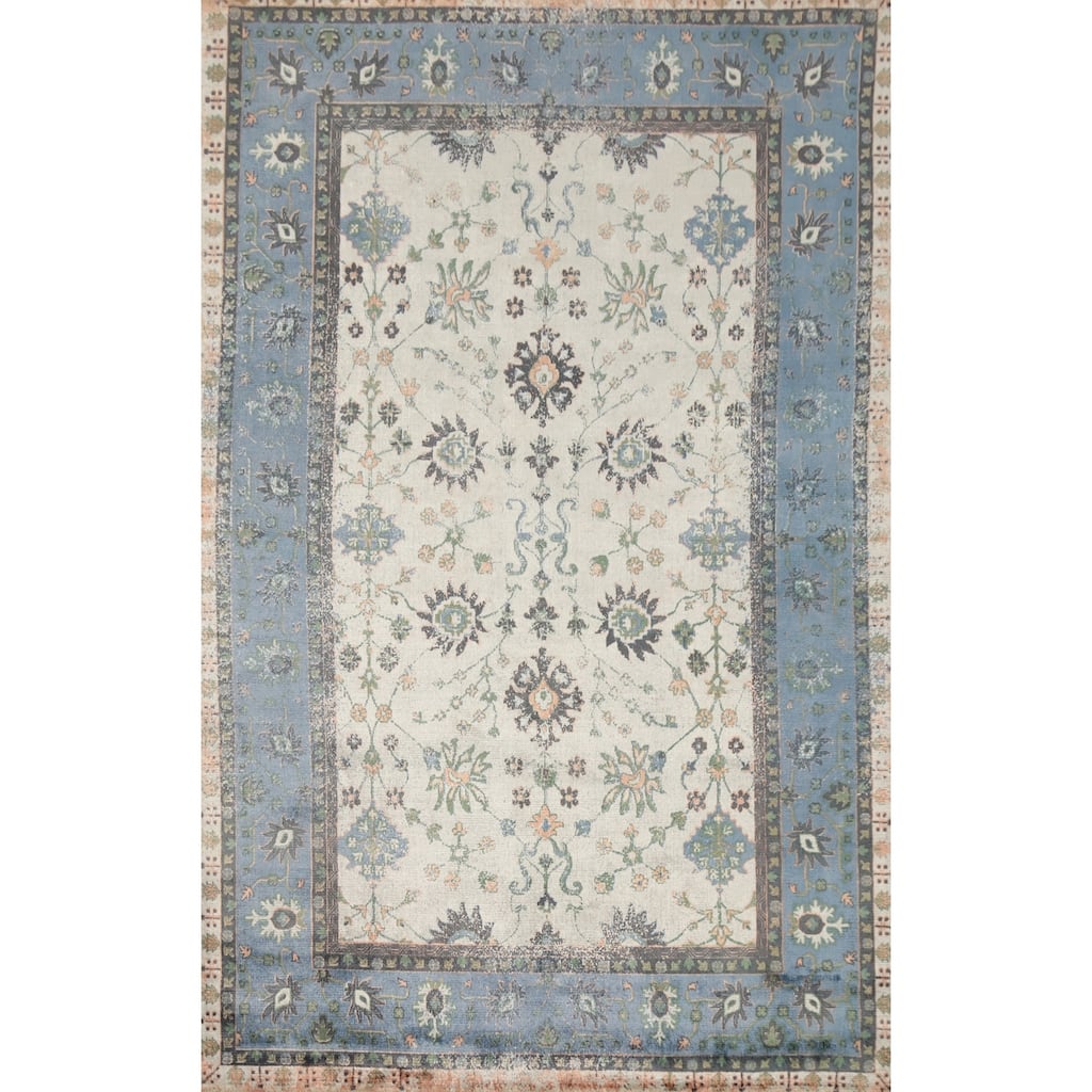 Hand Knotted Oriental Viscose Silk Carpet Transitional All-Over Beige & Ivories Oushak Area Rug - 7' 10'' X 5' 0''