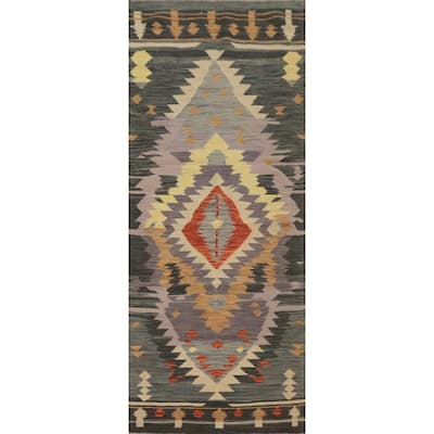 Hand Woven Oriental 100% Wool Carpet Southwestern Tribal Purples Kilim Runner Rug - 9' 4'' X 3' 1''
