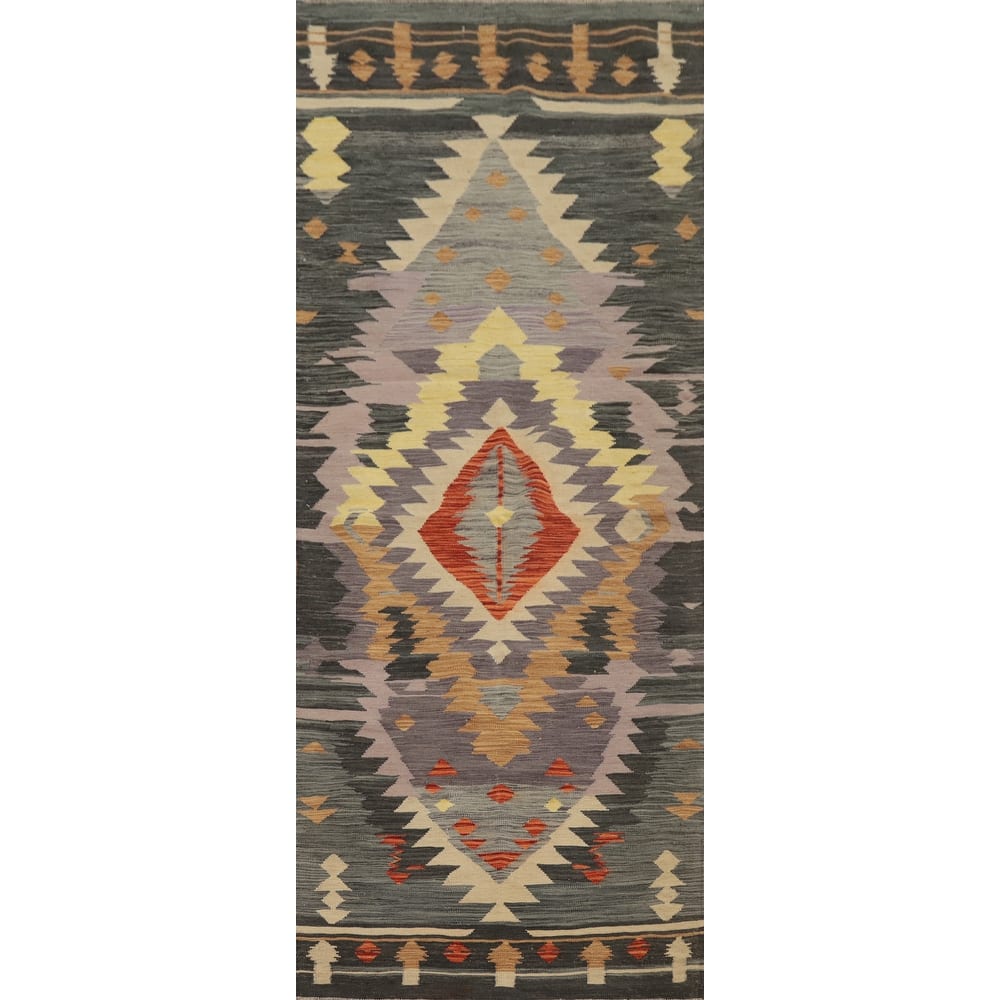 Hand Woven Oriental 100% Wool Carpet Southwestern Tribal Purples Kilim Runner Rug - 9' 4'' X 3' 1''