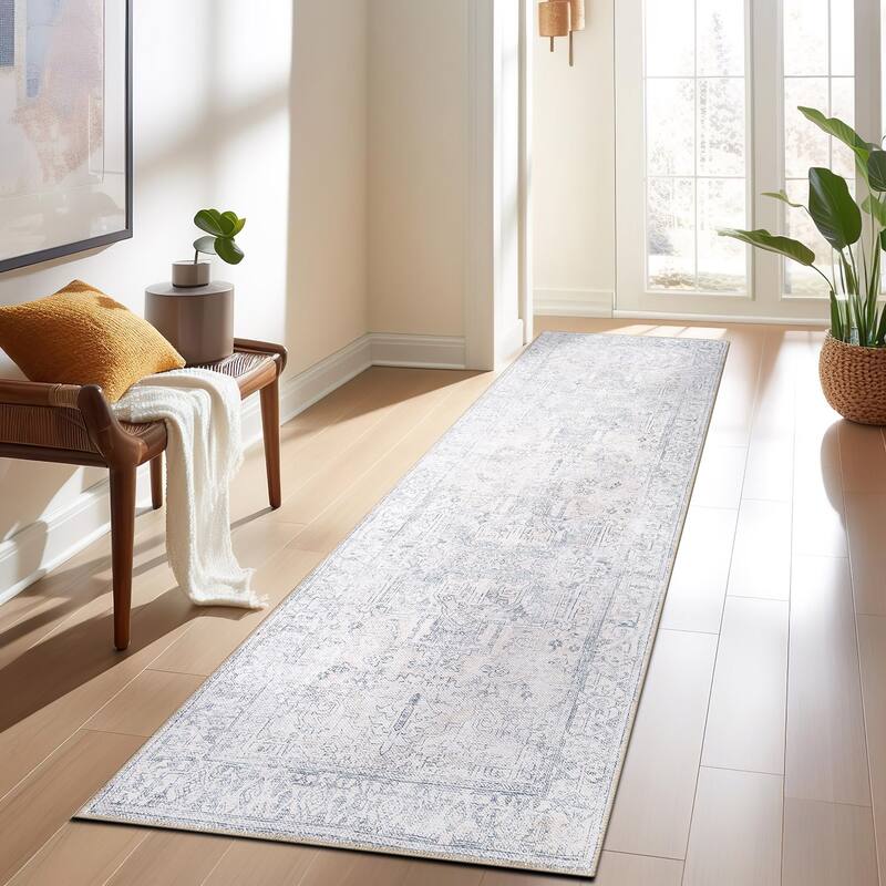 World Rug Gallery Vintage Inspired Distressed Machine Washable Area Rug - 2' 6" x 10' - Blue - Runner