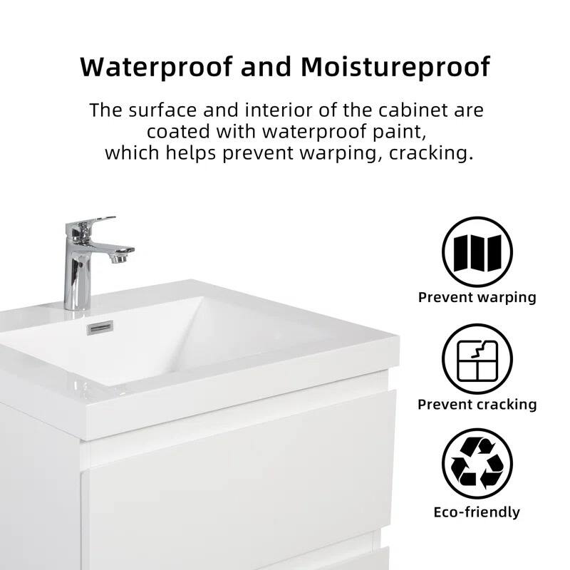 ABRUZZO 24" Floating Single Bathroom Vanity Wall-Mounted with Integrated Resin Top Basin 2 Soft Close Drawers Full Assembly