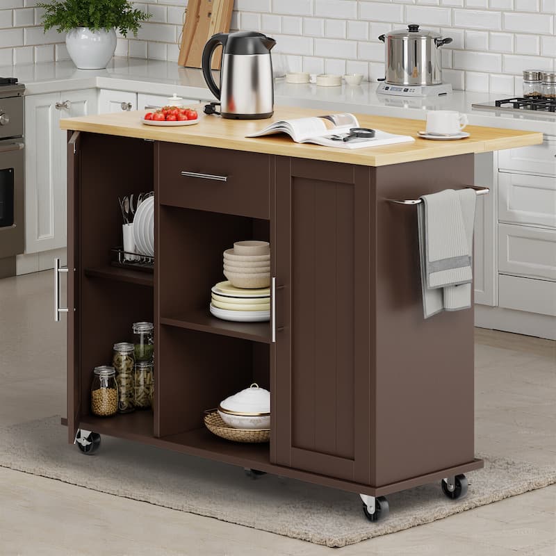 2-Door Kitchen Island with Drawer & Drop Leaf - Mobile Storage Cart on Lockable Wheels for Kitchen, Dining Room, Bar - Brown/Yellow