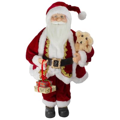 18" Standing Santa with a Plush Brown Bear Christmas Figure Decoration