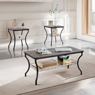 3 Piece Living Room Set Coffee Table with Mesh Storage Shelf & 2 End Tables Vintage Living Room Set