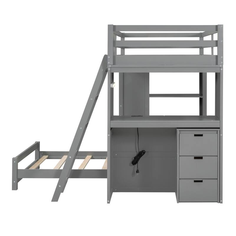 Gray Twin Over Twin Bunk Bed with LED Light, USB Ports, and Storage