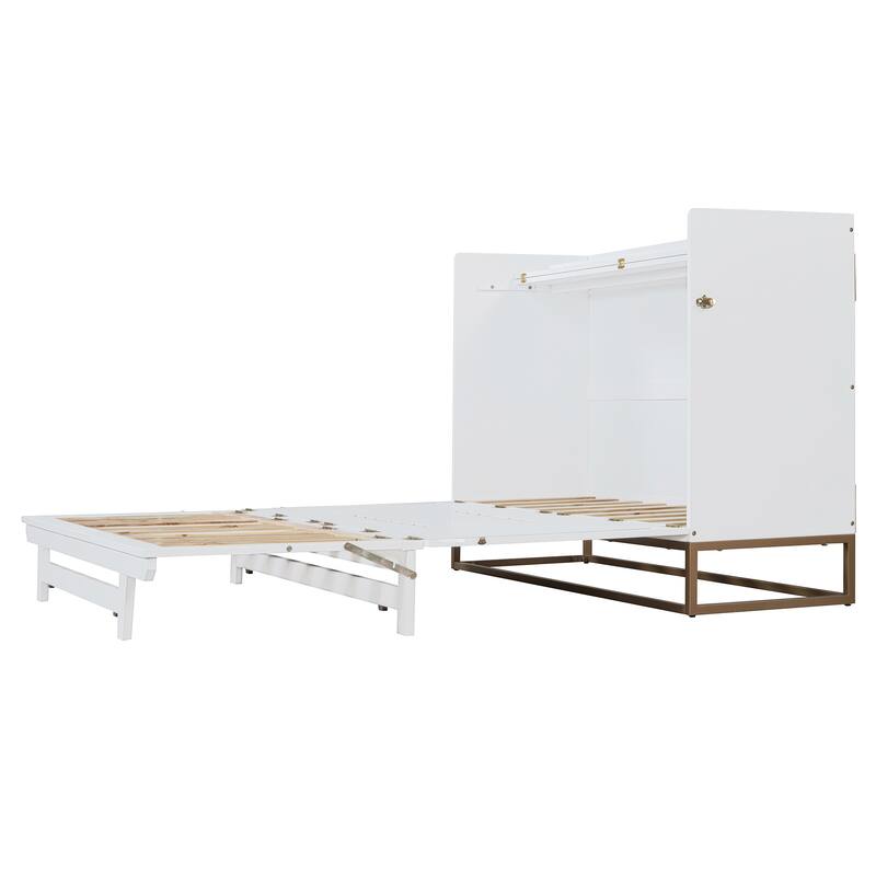 Queen Size Murphy Bed Wall Bed with Iron Legs, Modern Small Room Foldable Bed, Wooden Wall Bed Frame for Home Office