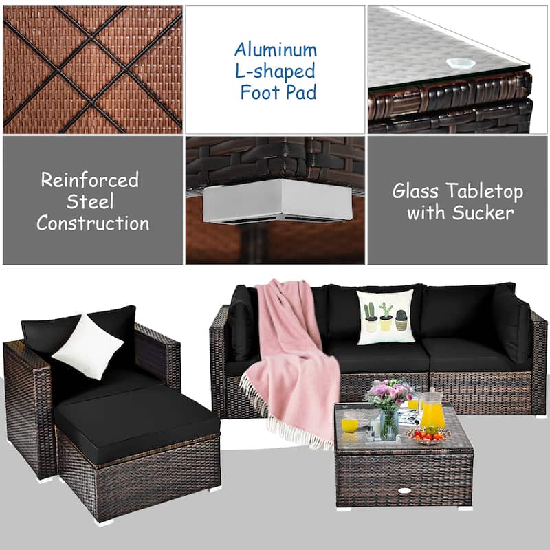 6PCS Patio Rattan Furniture Set Outdoor Conversation Set w/ Cushions