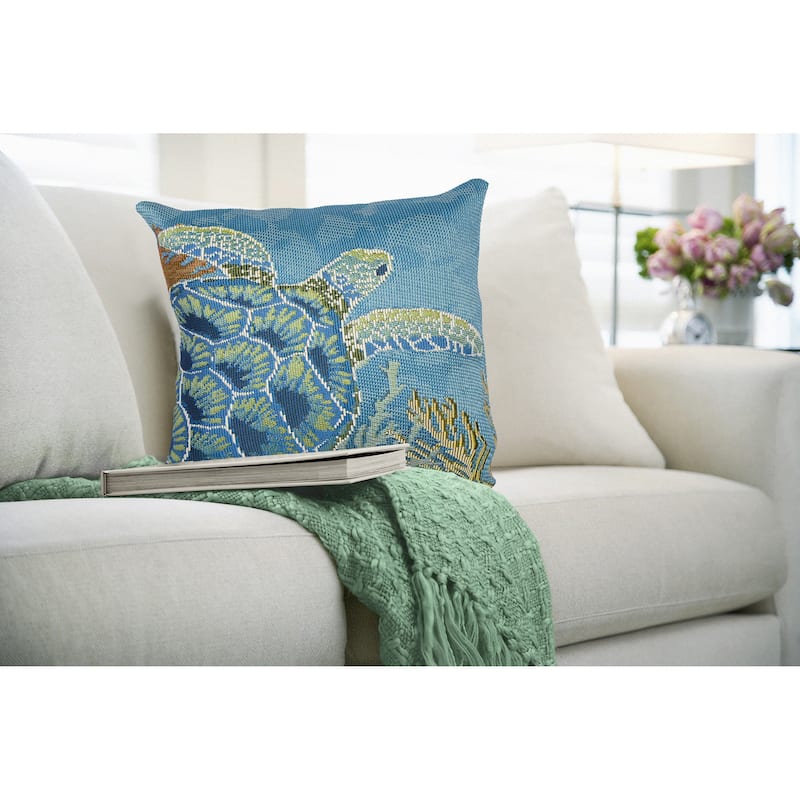 Liora Manne Marina Seaturtle Garden Indoor/Outdoor Pillow - 18" x 18" - Polyester - Ocean