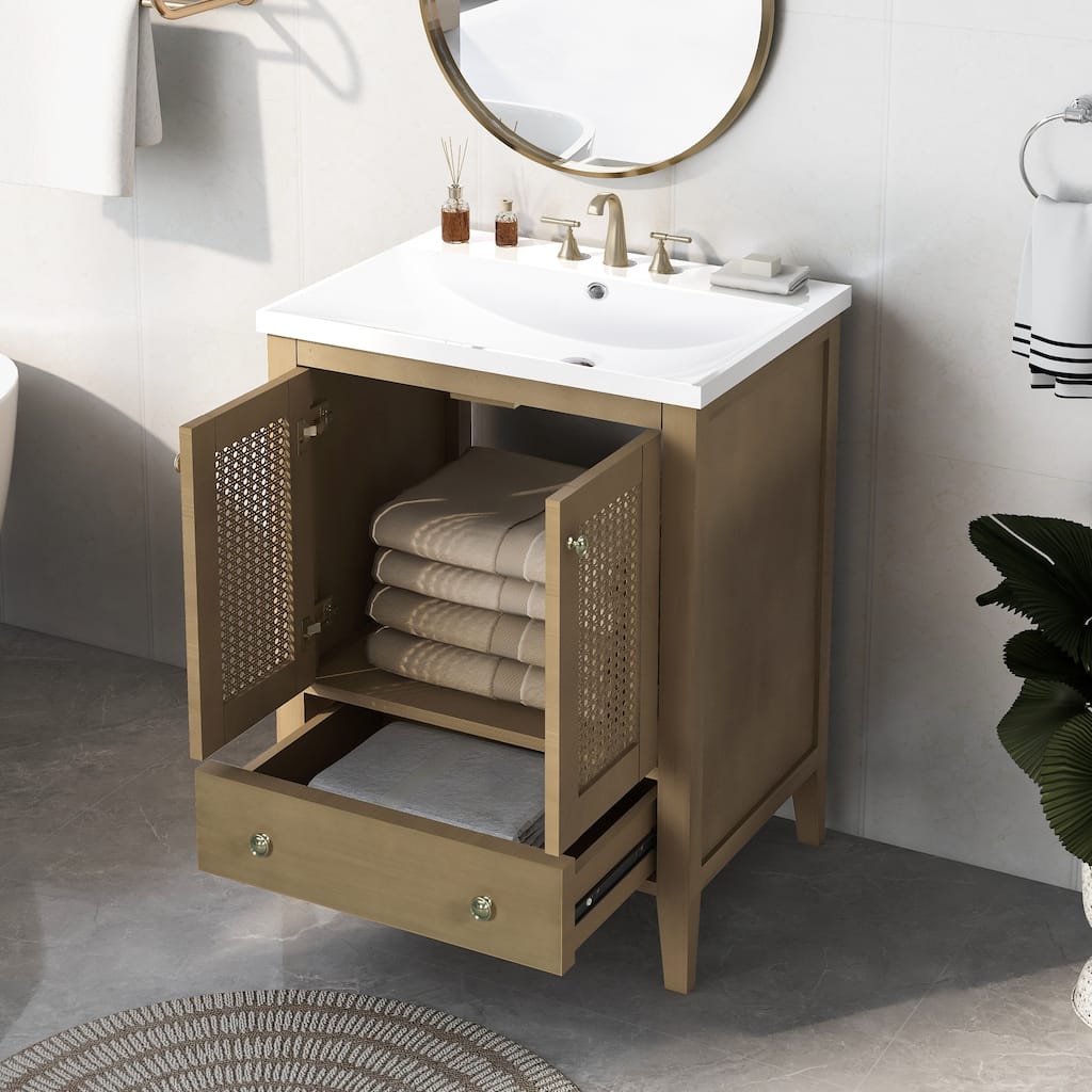 24"Bathroom Vanity with Ceramic Basin,Rattan Bathroom Storage Cabinet with Two Doors and Drawer,Solid Frame,Natural