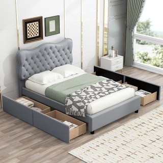 Queen Size PU Leather Upholstered Platform Bed with 4 Drawers