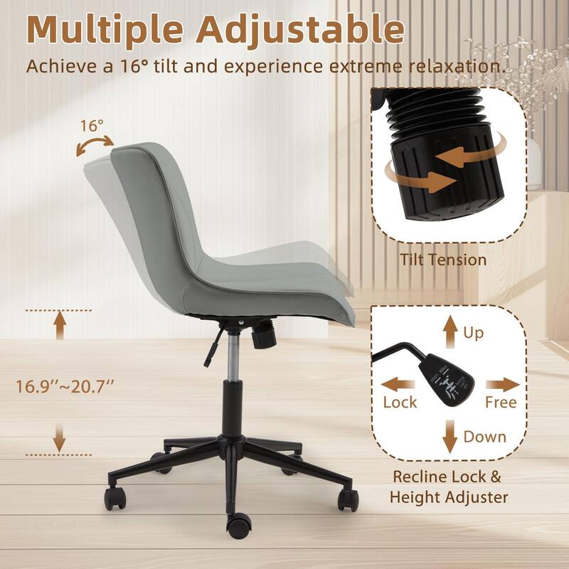 EROMMY Armless Office Chair with Wheels, Adjustable Swivel Modern Faux Leather Vanity Chair with Backrest, Ergonomic Rocking