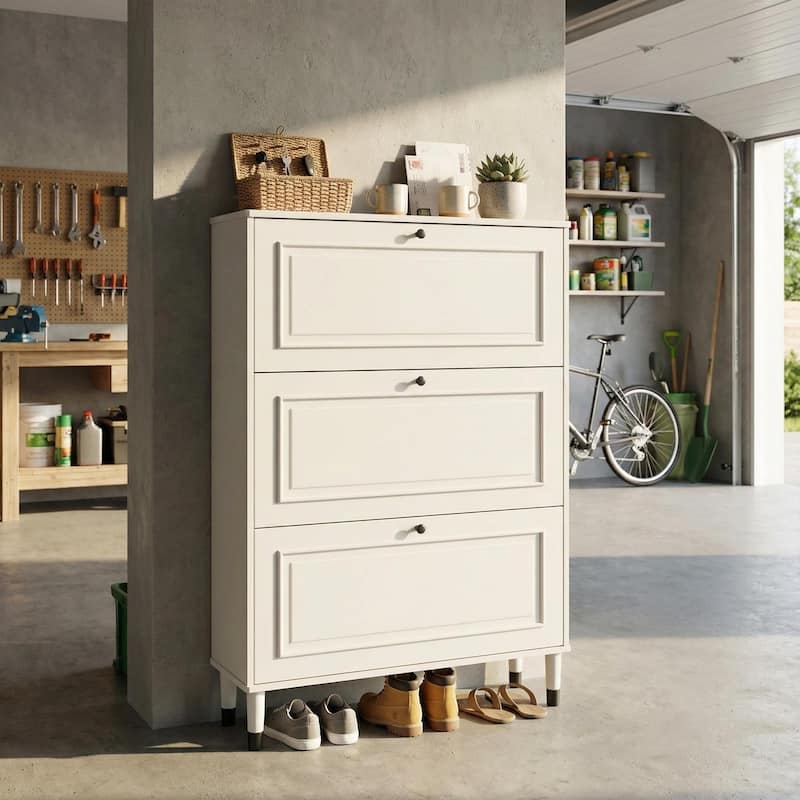 Homy Casa Compact Shoe Storage Bench 2 Flip Doors 2 Drawers, White - 3DoorsAncient