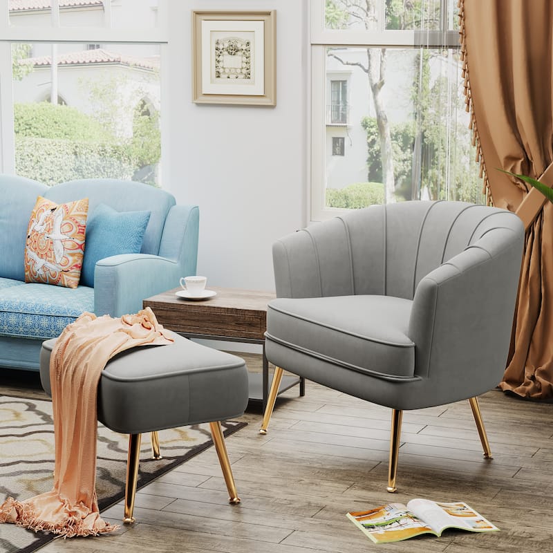 Andeworld Accent Chair with Ottoman, Upholstered Modern Single Sofa Side Chair,Comfy Barrel Club Living Room Armchair - Grey