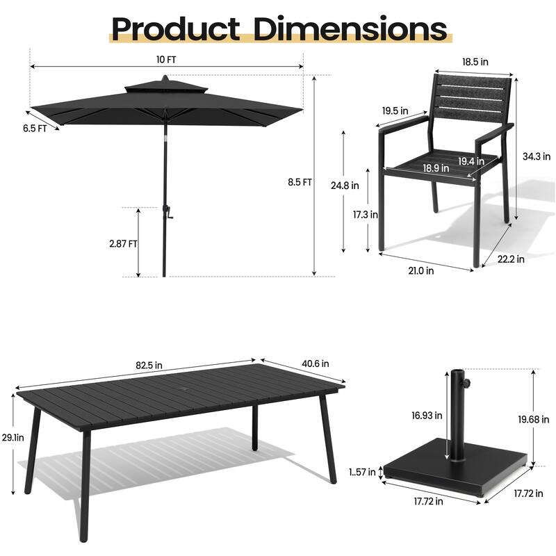 11PC Outdoor Patio Dining Set Aluminum Table with Stackable Armchairs w/ Market Umbrella Set