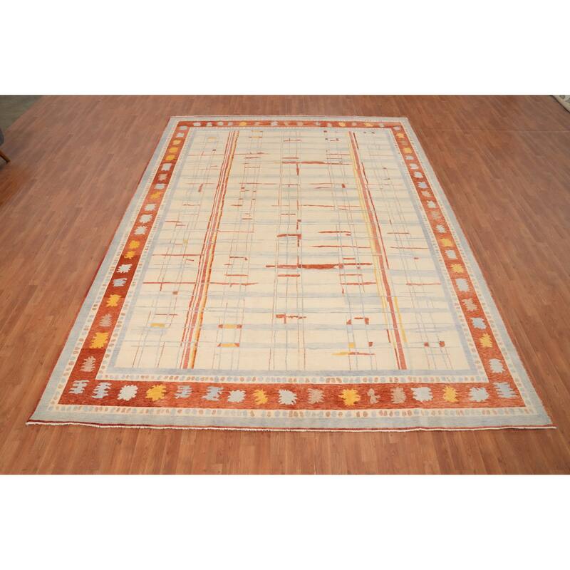 Hand Knotted Oriental 100% Wool Carpet Modern Geometric Beige & Ivories Gabbeh Area Rug - 13' 3'' X 10' 0''